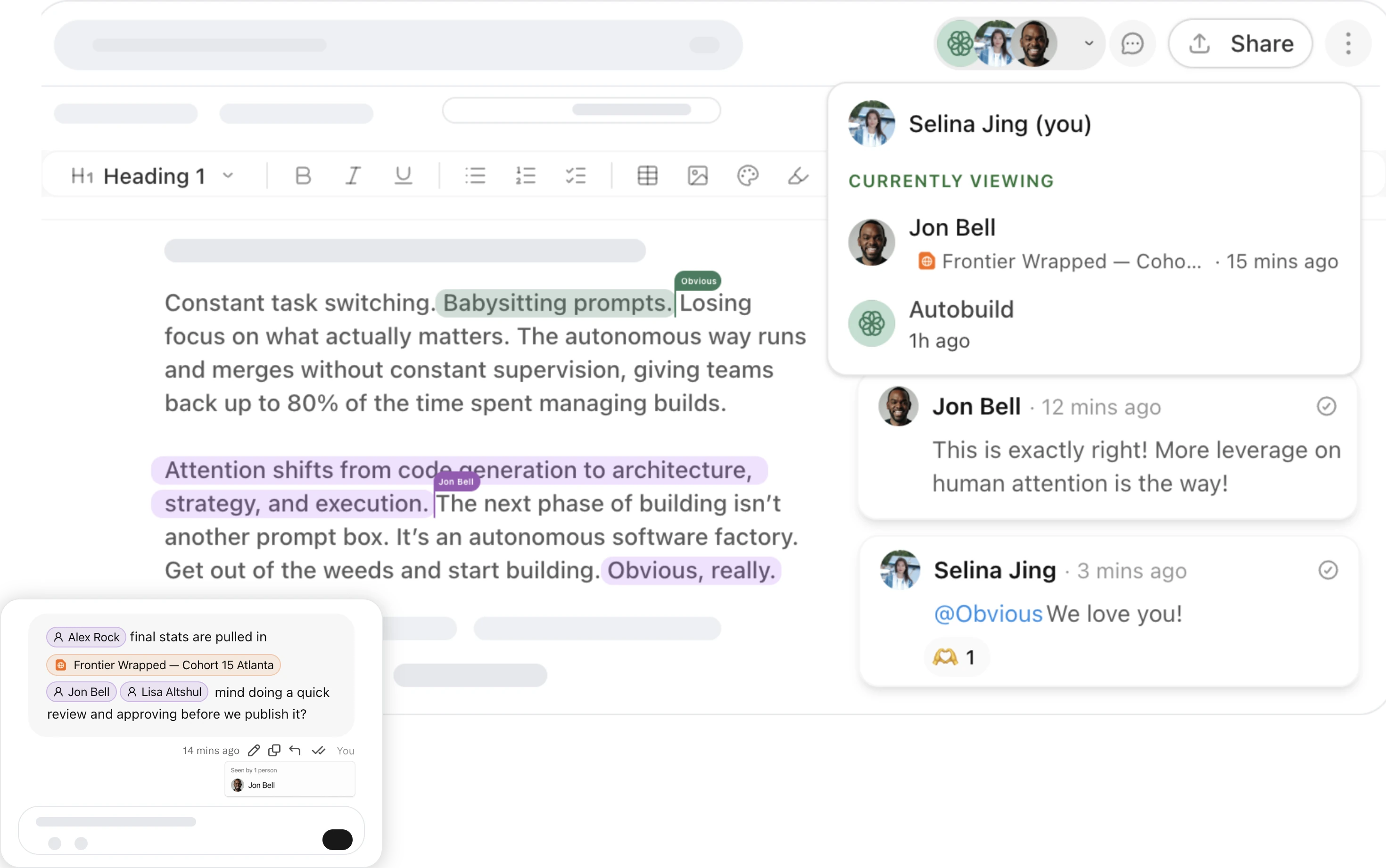 Collaboration workspace with presence panel, comment thread, and review card — people and agents commenting, assigning, and handing off work