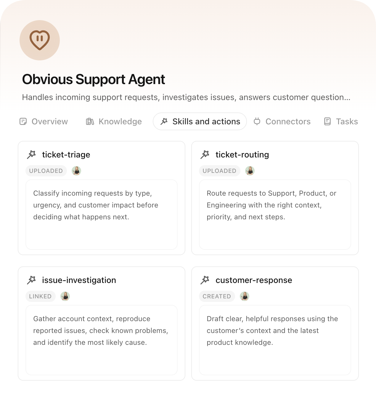 Support agent workspace with agent profile and skills grid, Slack customer thread, prompt and response console, and task panel — the agent triages requests, investigates with customer context, and flags high-risk work for human review