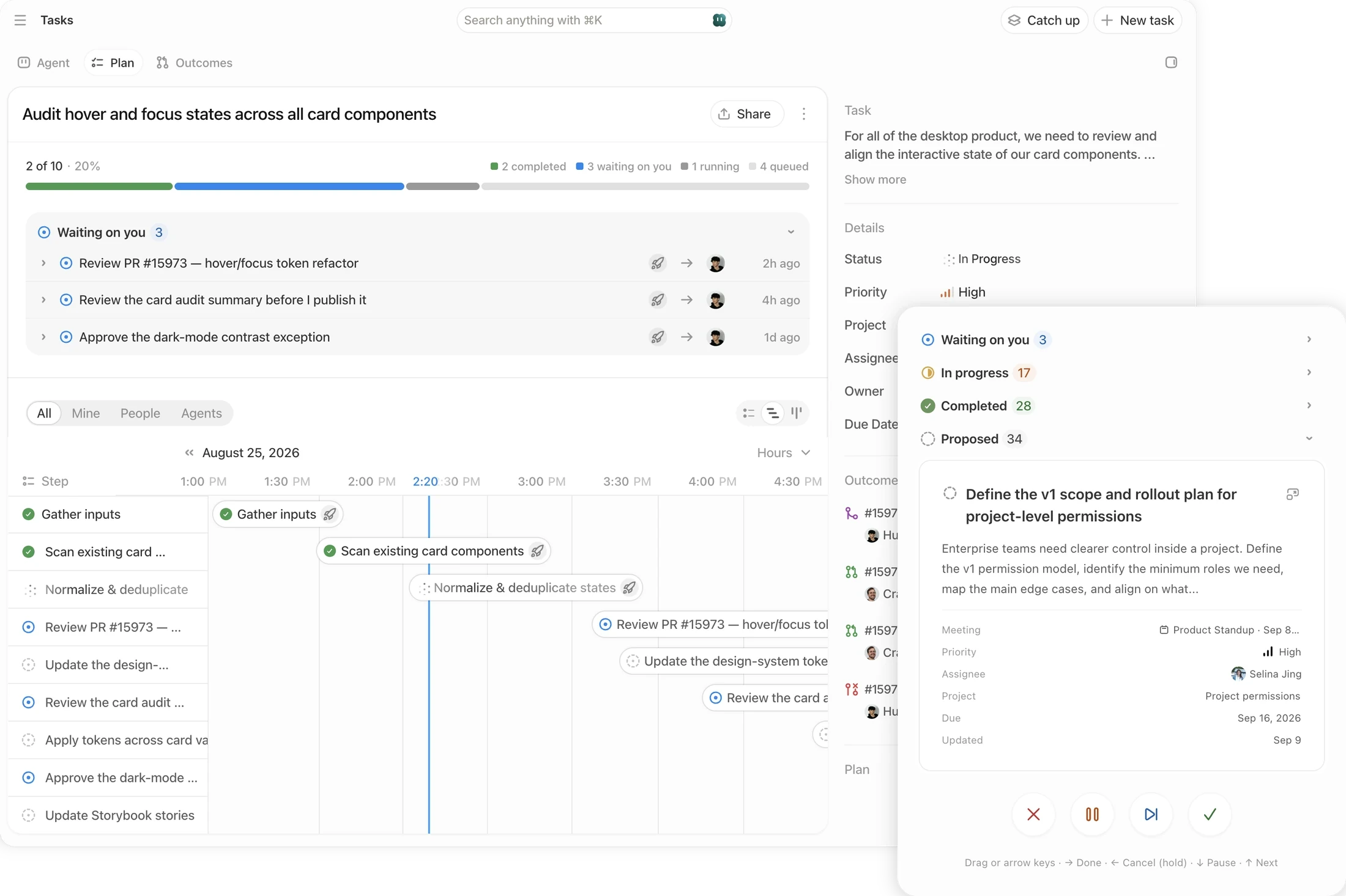Obvious tasks interface with a permissions-planning task and its review card